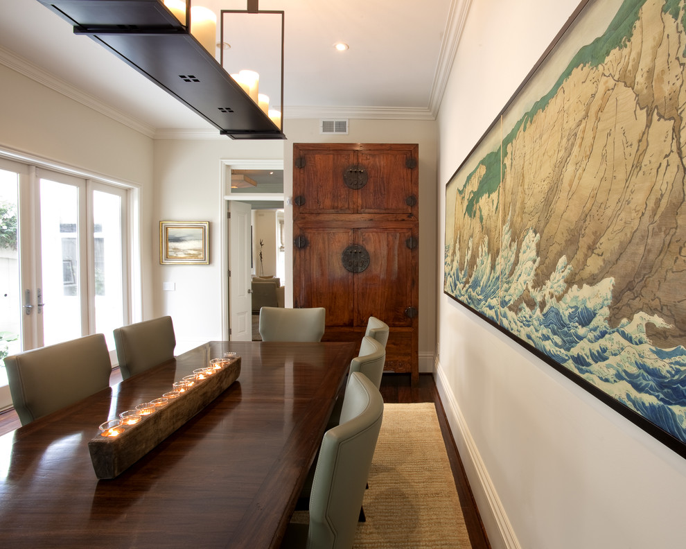 Photo of a contemporary enclosed dining room in San Francisco with white walls and dark hardwood flooring.