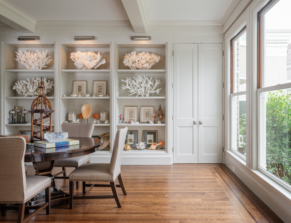 Photo of a classic dining room in San Francisco with white walls and dark hardwood flooring.