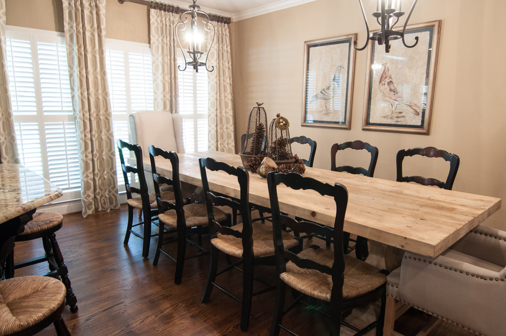 Large farmhouse enclosed dining room in Birmingham with beige walls, dark hardwood flooring, no fireplace and brown floors.