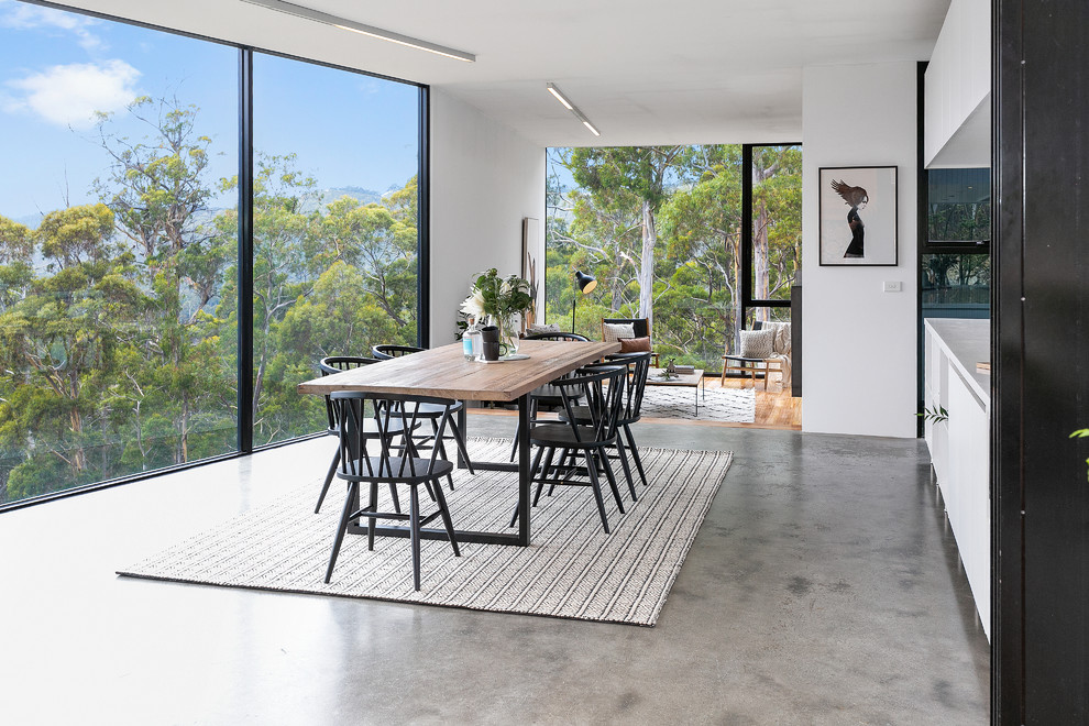 Immagine di una grande sala da pranzo aperta verso il soggiorno contemporanea con pavimento in cemento, pareti bianche e pavimento grigio