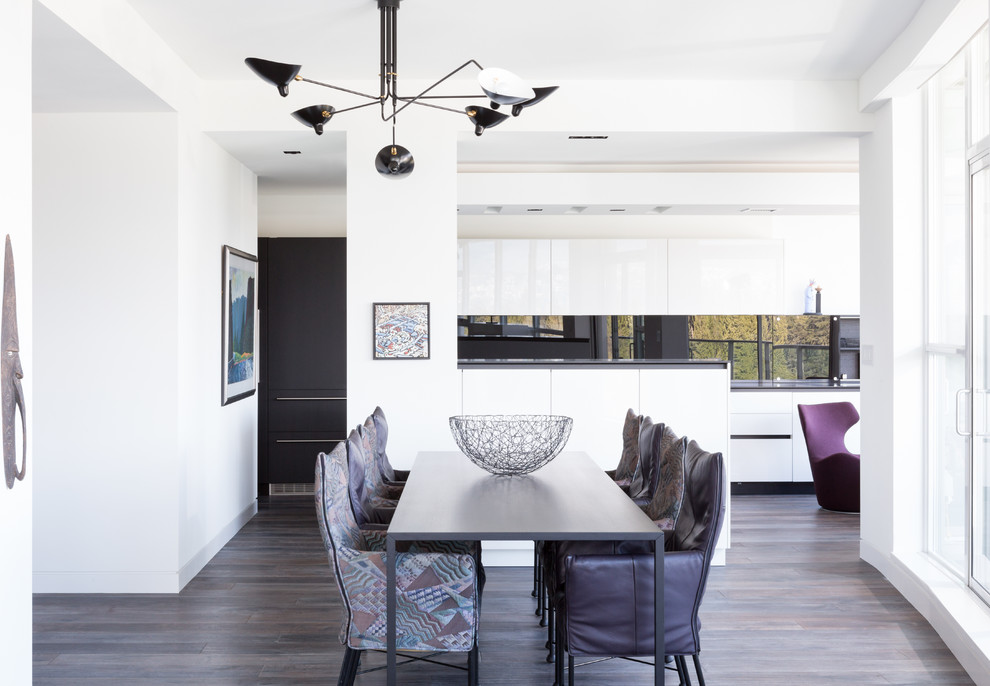 Kitchen/dining room combo - large contemporary medium tone wood floor and brown floor kitchen/dining room combo idea in Vancouver with white walls and no fireplace