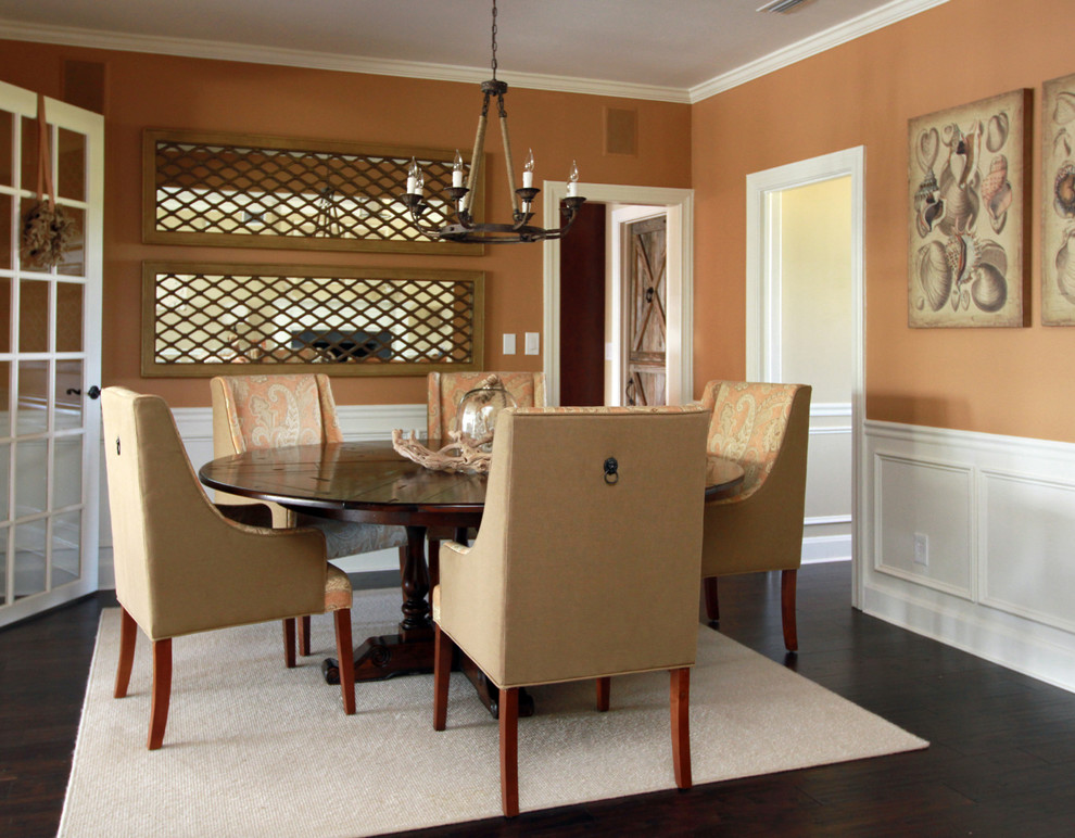 Photo of a small nautical enclosed dining room in Jacksonville with orange walls, dark hardwood flooring, no fireplace and brown floors.