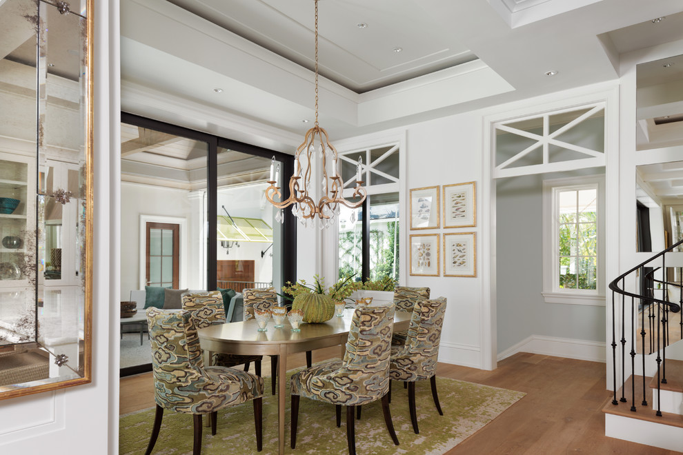 Inspiration for a classic dining room in Miami with white walls, medium hardwood flooring and brown floors.