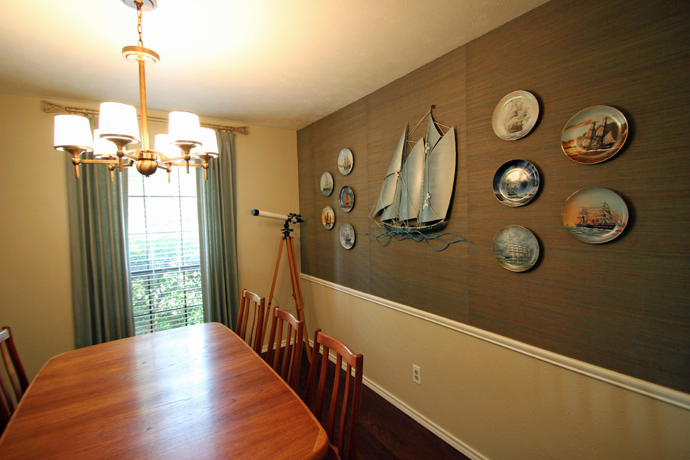 Example of a mid-sized beach style dark wood floor dining room design in Dallas with multicolored walls