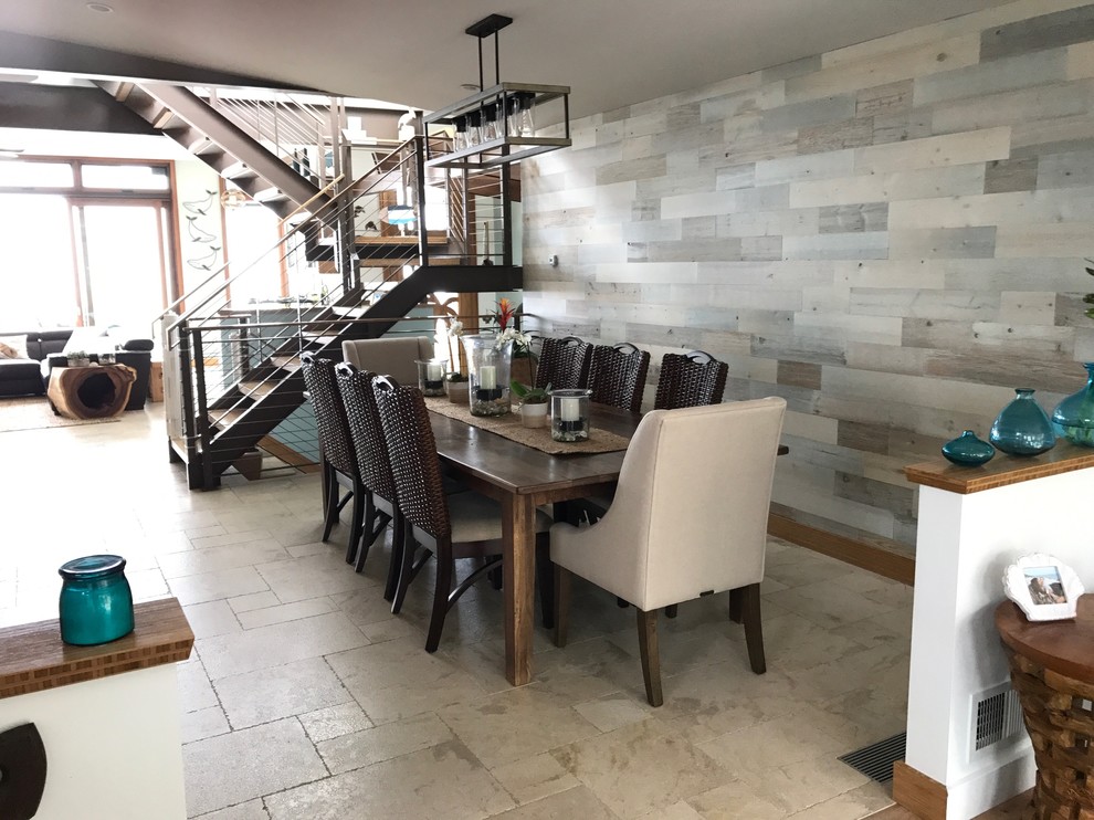 Photo of a medium sized open plan dining room in Other with grey walls, ceramic flooring, no fireplace and beige floors.