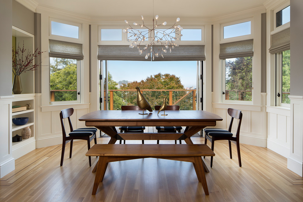 This is an example of a large traditional enclosed dining room in San Francisco with light hardwood flooring, no fireplace, multi-coloured walls and beige floors.