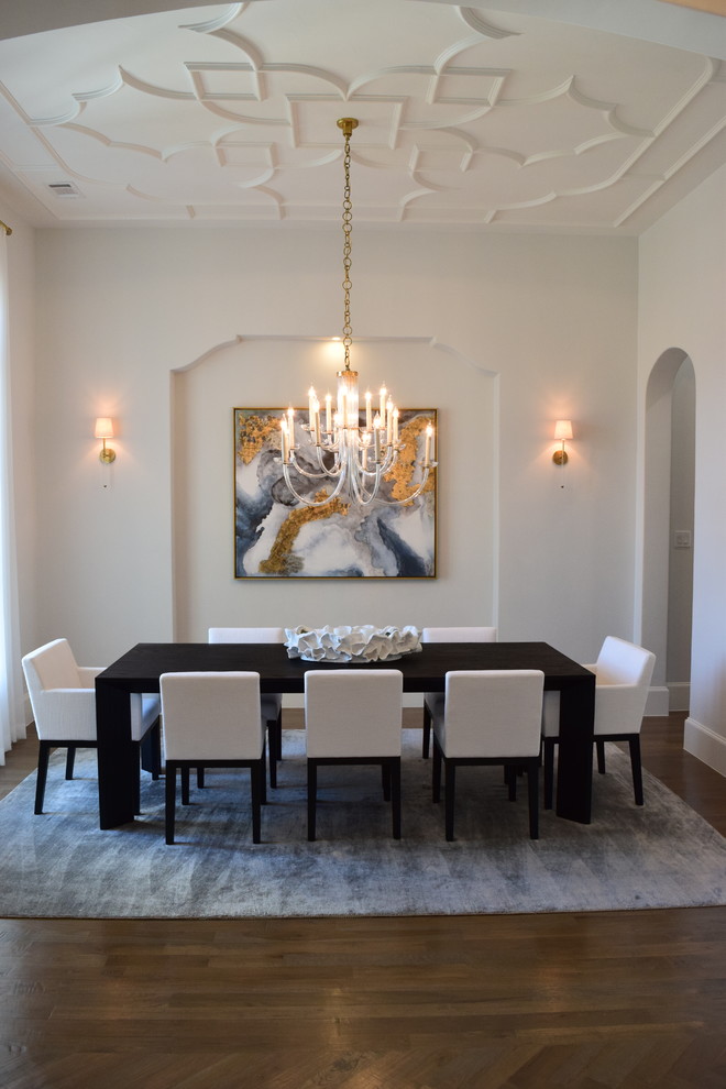 This is an example of a large classic enclosed dining room in Dallas with beige walls, dark hardwood flooring, no fireplace and brown floors.