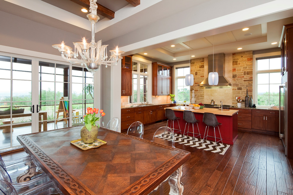 Inspiration for a contemporary kitchen/dining room in Austin with dark hardwood flooring.