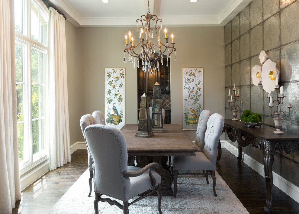 Inspiration for a timeless dark wood floor enclosed dining room remodel in Dallas with beige walls and no fireplace