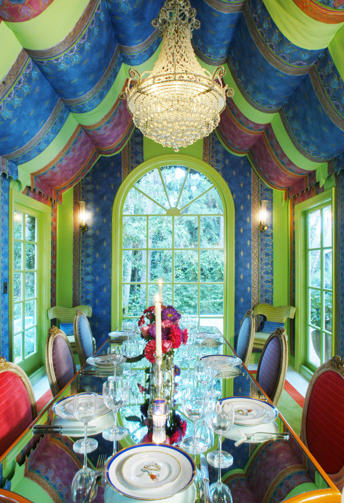 Design ideas for an eclectic enclosed dining room in Los Angeles with multi-coloured walls.