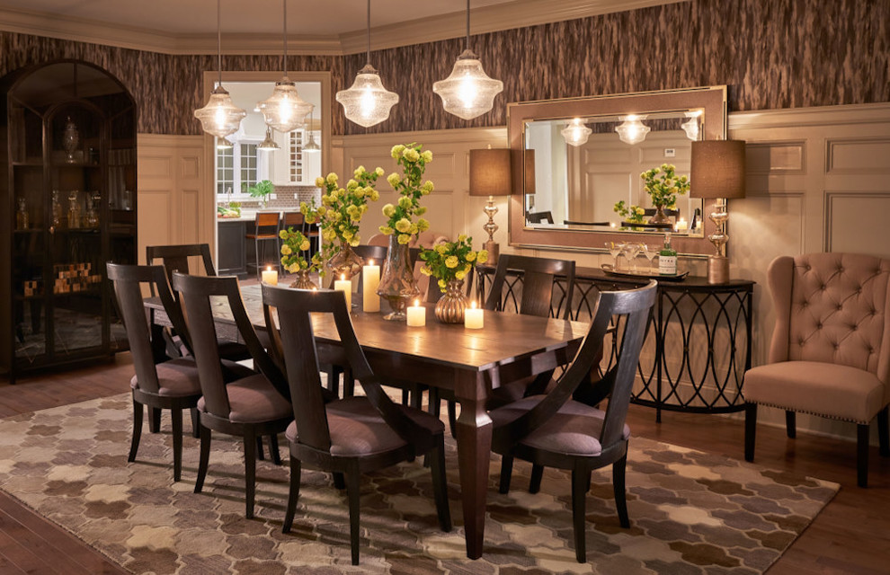 Large transitional medium tone wood floor enclosed dining room photo in New York with beige walls and no fireplace