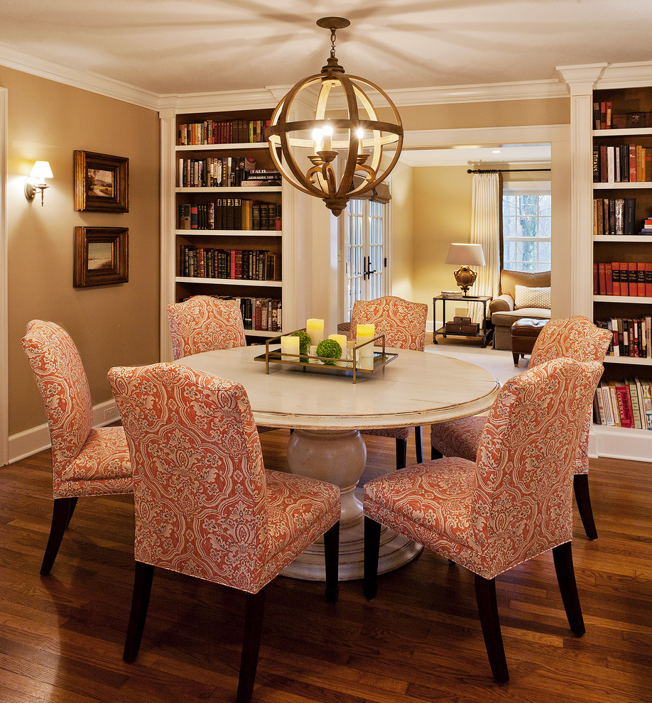 Mid-sized elegant dark wood floor and brown floor dining room photo in New York with beige walls and no fireplace