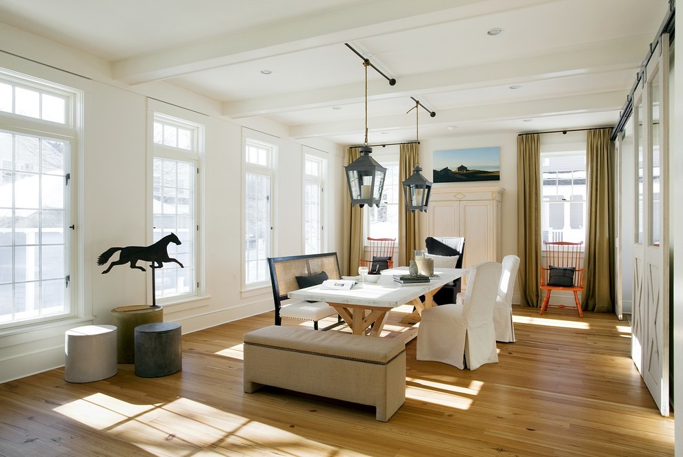 Design ideas for a nautical dining room in Boston with white walls and medium hardwood flooring.