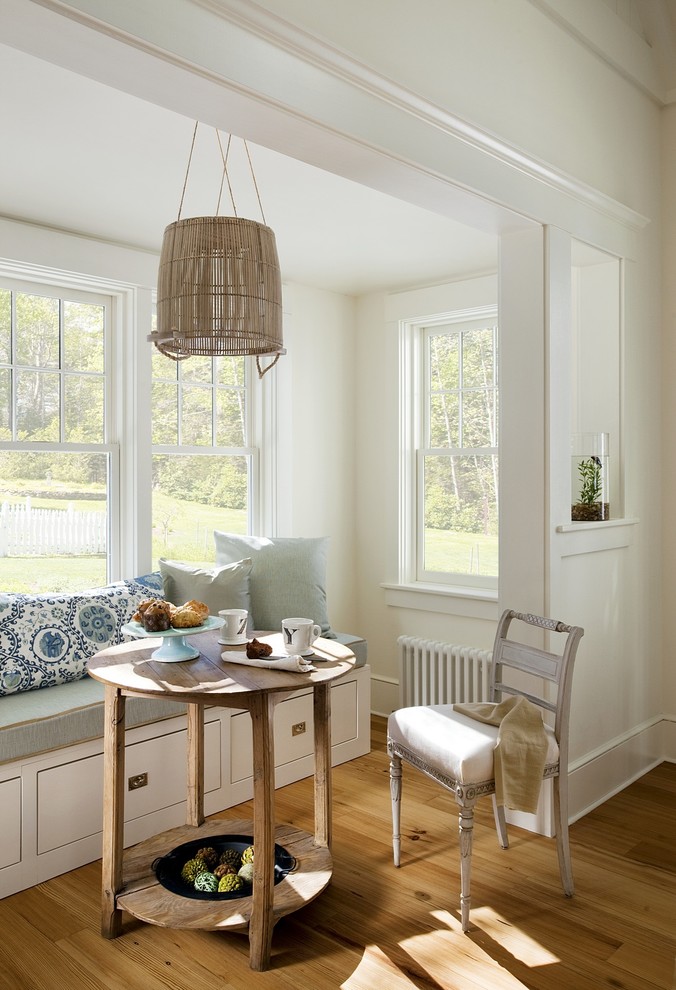 Beach style medium tone wood floor dining room photo in Boston with white walls