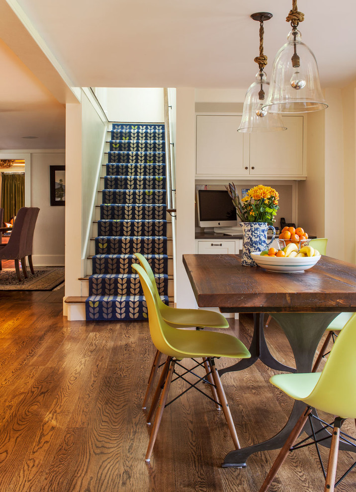 Transitional dark wood floor dining room photo in Boston with beige walls