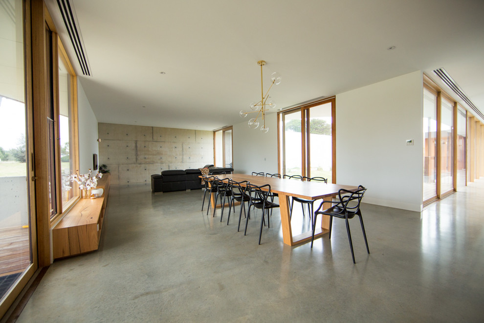 Foto di un'ampia sala da pranzo aperta verso il soggiorno contemporanea con pareti bianche, pavimento in cemento e pavimento grigio