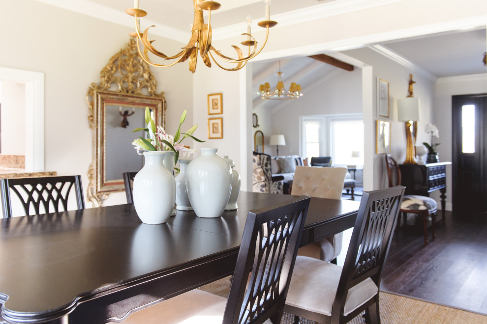Inspiration for a medium sized traditional enclosed dining room in San Diego with white walls, vinyl flooring, brown floors, a wallpapered ceiling and wallpapered walls.