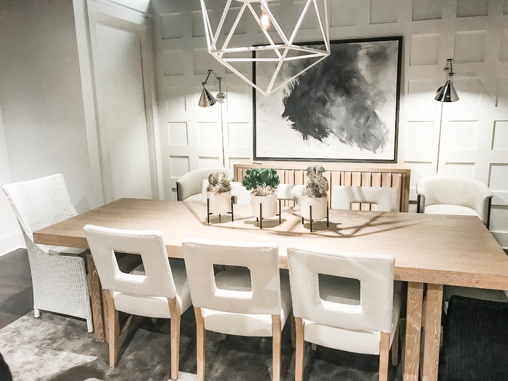 Idee per una grande sala da pranzo aperta verso la cucina minimal con pareti bianche, pavimento con piastrelle in ceramica e pavimento grigio