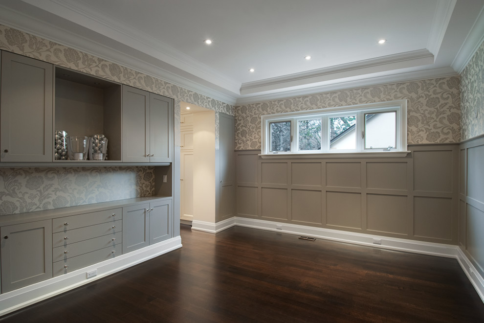 Medium sized contemporary enclosed dining room in Toronto with beige walls, dark hardwood flooring and no fireplace.