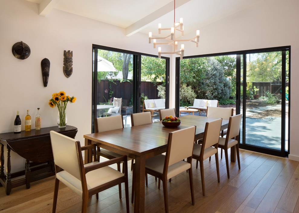 Example of a trendy medium tone wood floor dining room design in San Francisco with white walls