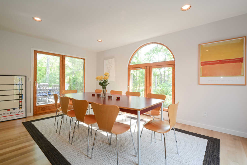 Imagen de comedor actual con paredes blancas y suelo de madera en tonos medios
