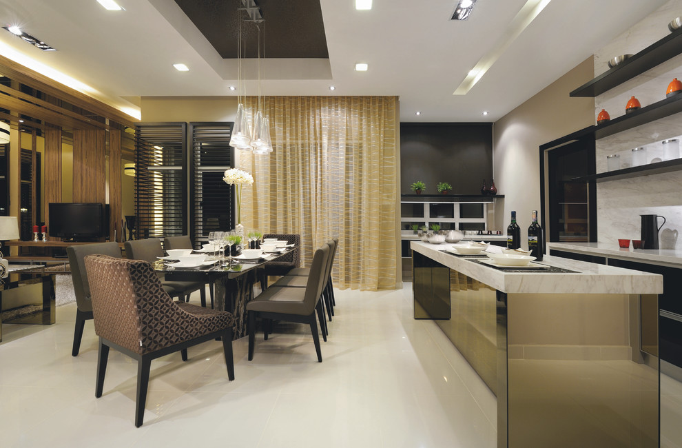 Inspiration pour une salle à manger ouverte sur le salon design avec un mur beige.
