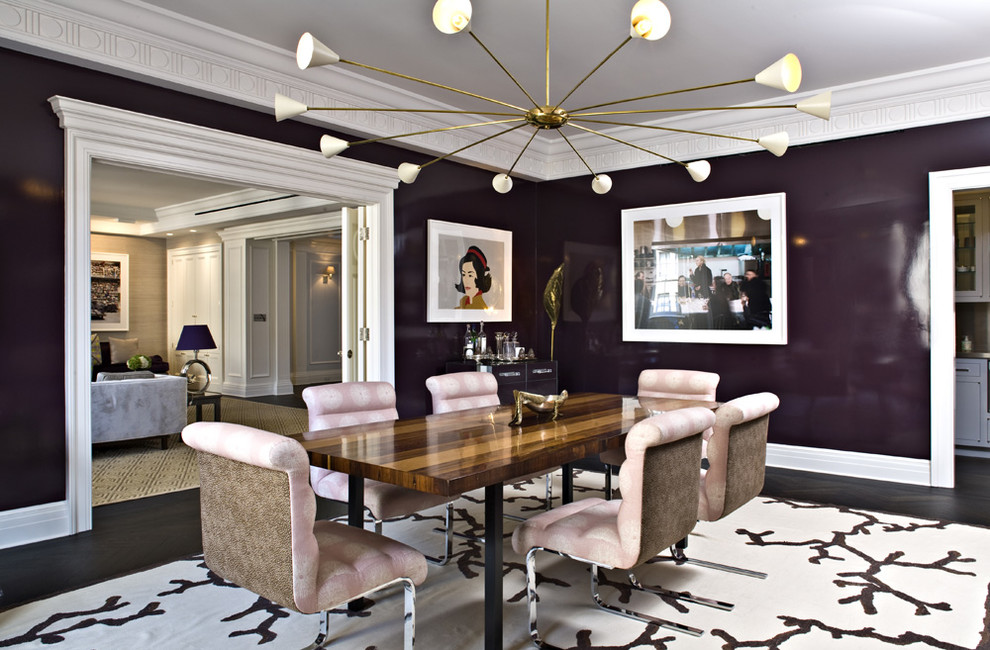 Contemporary enclosed dining room in New York with purple walls, dark hardwood flooring and feature lighting.