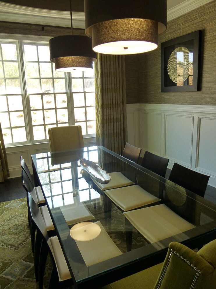 Medium sized contemporary enclosed dining room in Atlanta with brown walls and dark hardwood flooring.