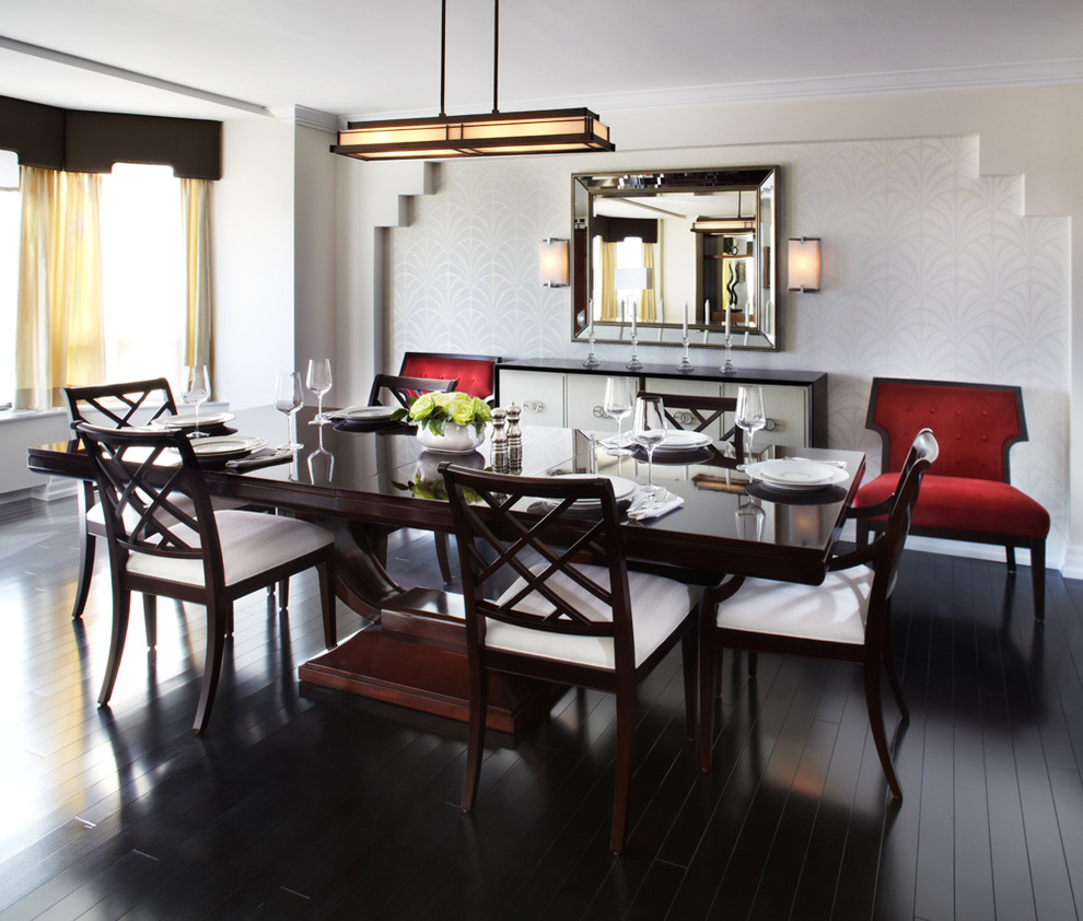 Photo of a contemporary dining room in Dallas with white walls.