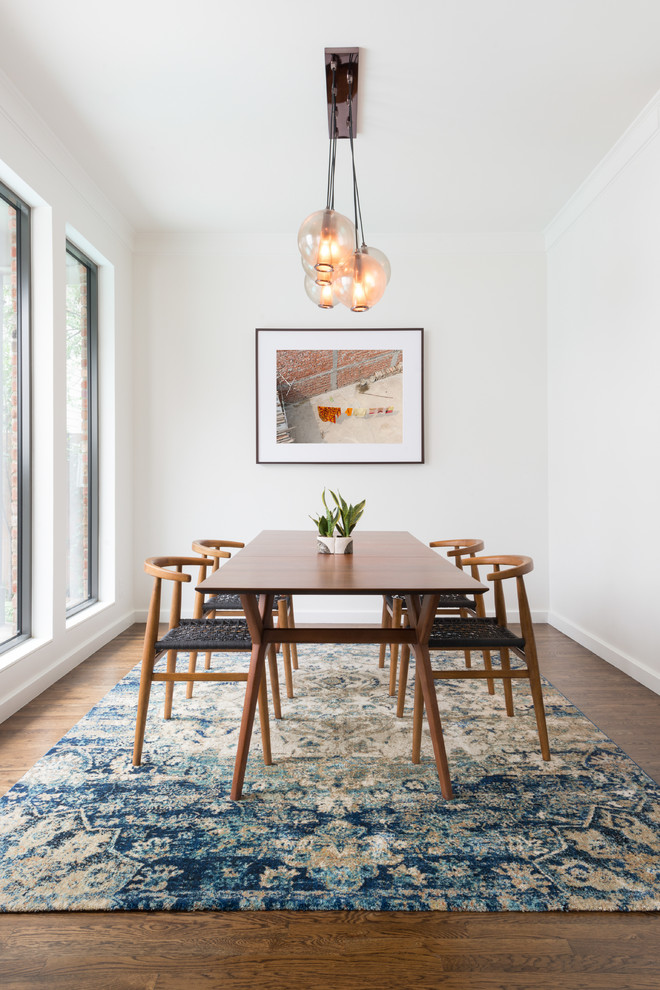 Mid-sized trendy dark wood floor enclosed dining room photo in Other with white walls