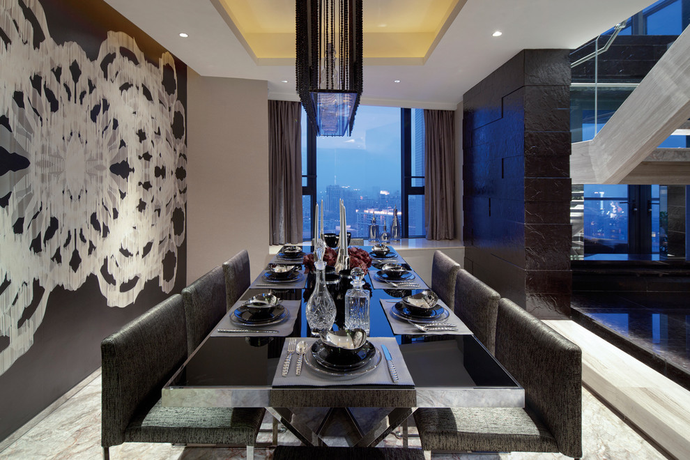 Inspiration for a contemporary dining room remodel in Other with black walls and no fireplace