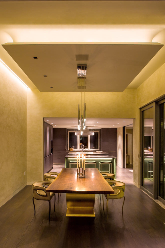 Inspiration for a contemporary enclosed dining room in Denver with yellow walls and dark hardwood flooring.