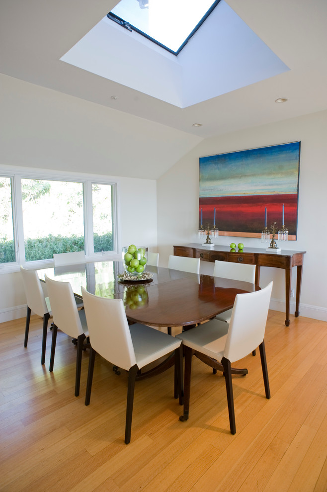 Inspiration for a contemporary dining room in San Francisco with white walls and medium hardwood flooring.