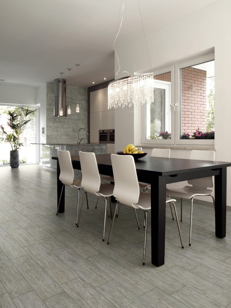Immagine di una sala da pranzo minimal con pavimento in gres porcellanato
