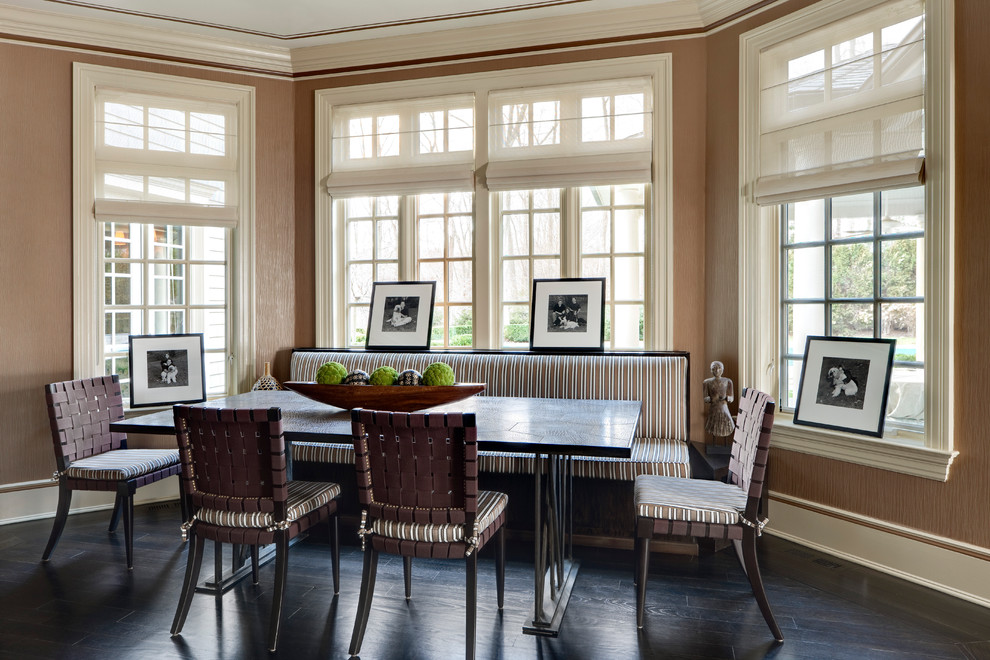 Inspiration for a contemporary dining room in New York with brown walls and dark hardwood flooring.