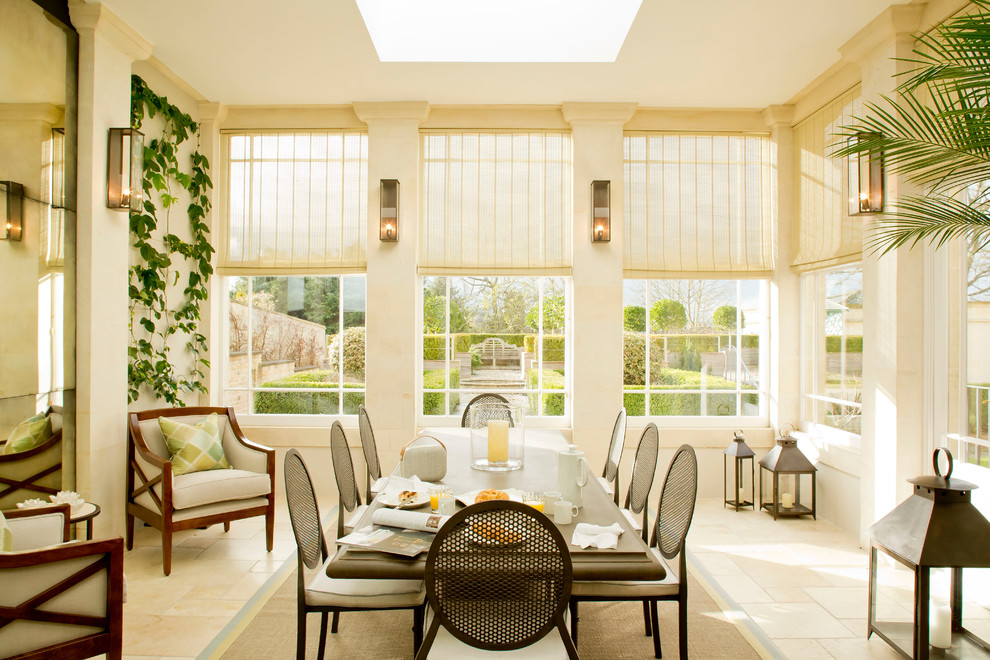 Photo of a world-inspired enclosed dining room in Other with white walls and no fireplace.