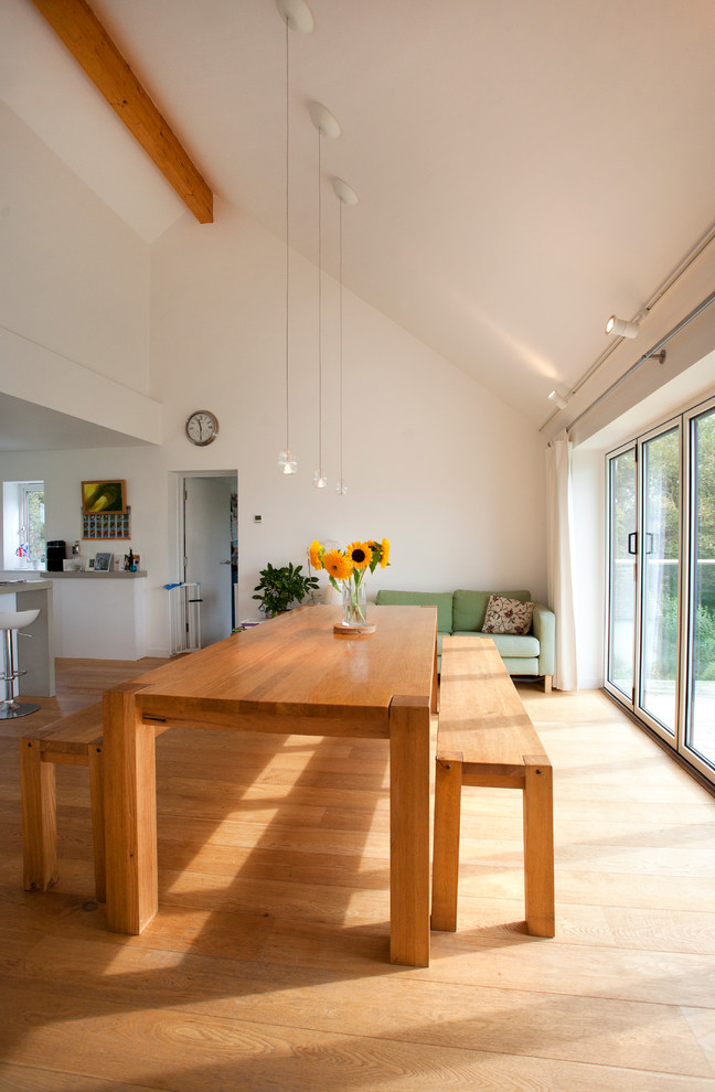 Example of a trendy medium tone wood floor and vaulted ceiling dining room design in Cornwall