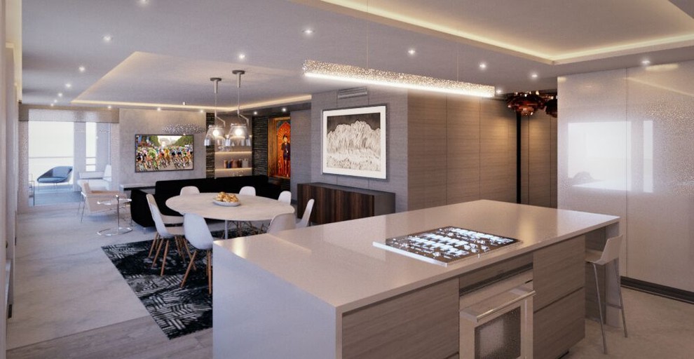 Medium sized contemporary kitchen/dining room in Miami with grey walls, marble flooring, no fireplace and brown floors.