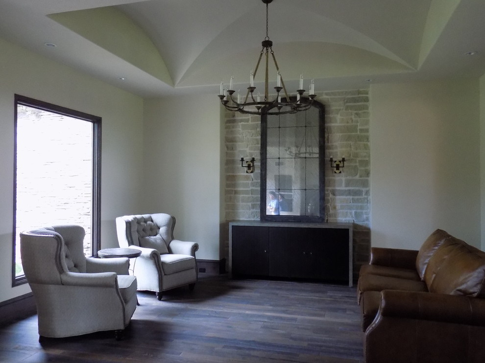 Medium sized rustic open plan dining room in Houston with beige walls and dark hardwood flooring.