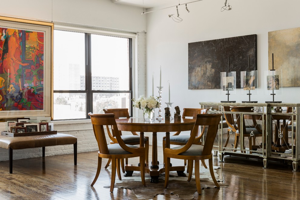 Inspiration for a transitional dark wood floor dining room remodel in Boston with white walls