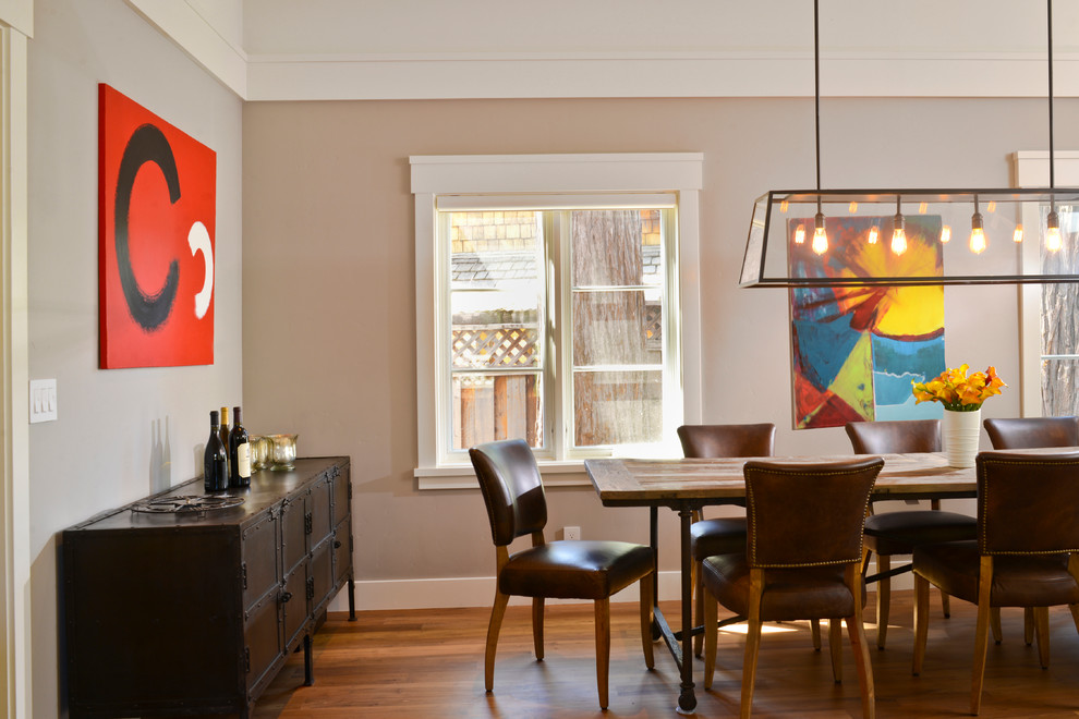 This is an example of a classic dining room in San Francisco with grey walls.