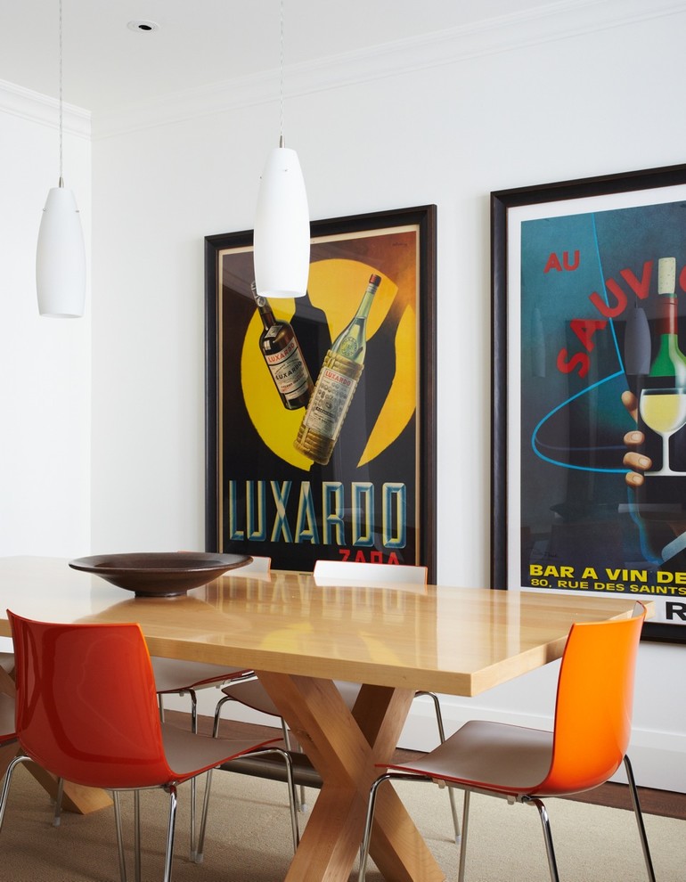 Example of a trendy dark wood floor dining room design in Toronto with white walls