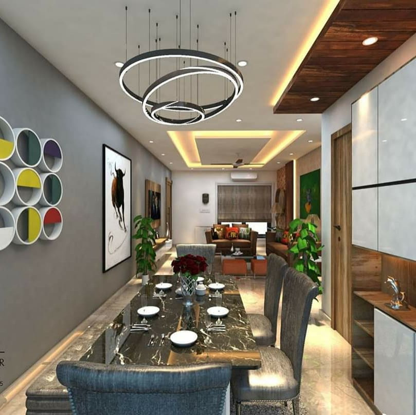 Idée de décoration pour une grande salle à manger design avec un mur gris, un sol en marbre, un sol beige, un plafond décaissé et un mur en parement de brique.