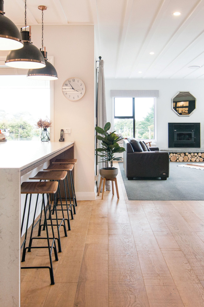 Mittelgroße Moderne Wohnküche mit braunem Holzboden, beigem Boden, weißer Wandfarbe, Gaskamin und Kaminumrandung aus Metall in Auckland