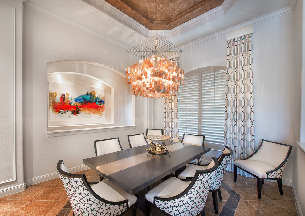 Immagine di una sala da pranzo design di medie dimensioni con pareti bianche e pavimento in gres porcellanato