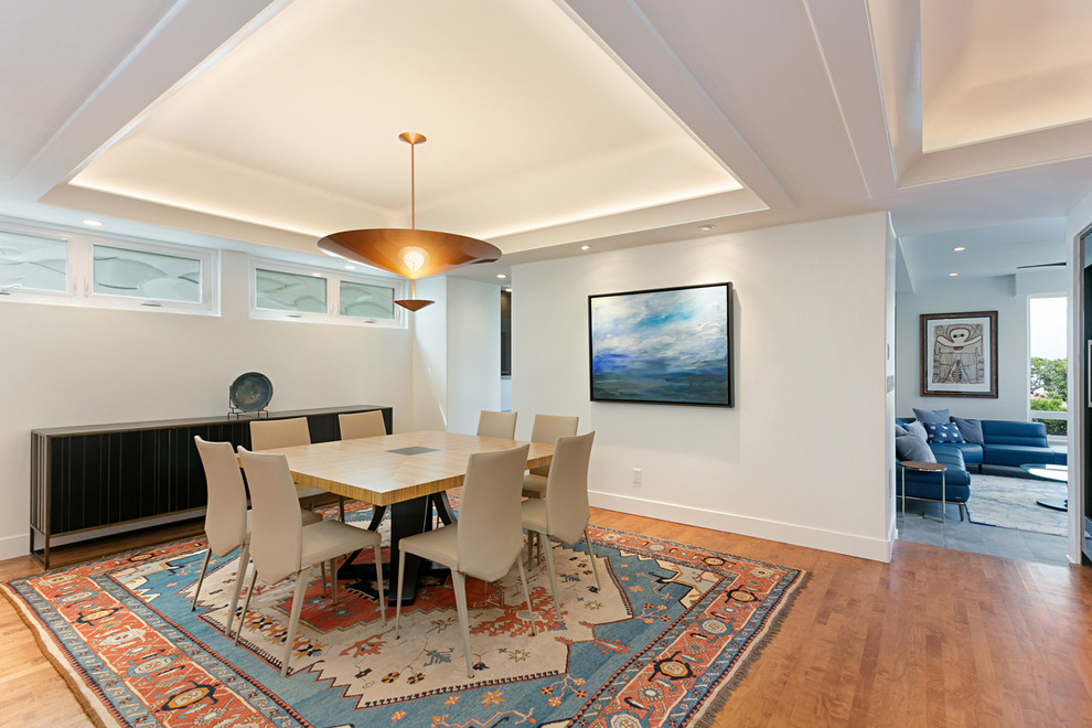 Offenes, Mittelgroßes Modernes Esszimmer mit weißer Wandfarbe, braunem Holzboden und braunem Boden in San Diego