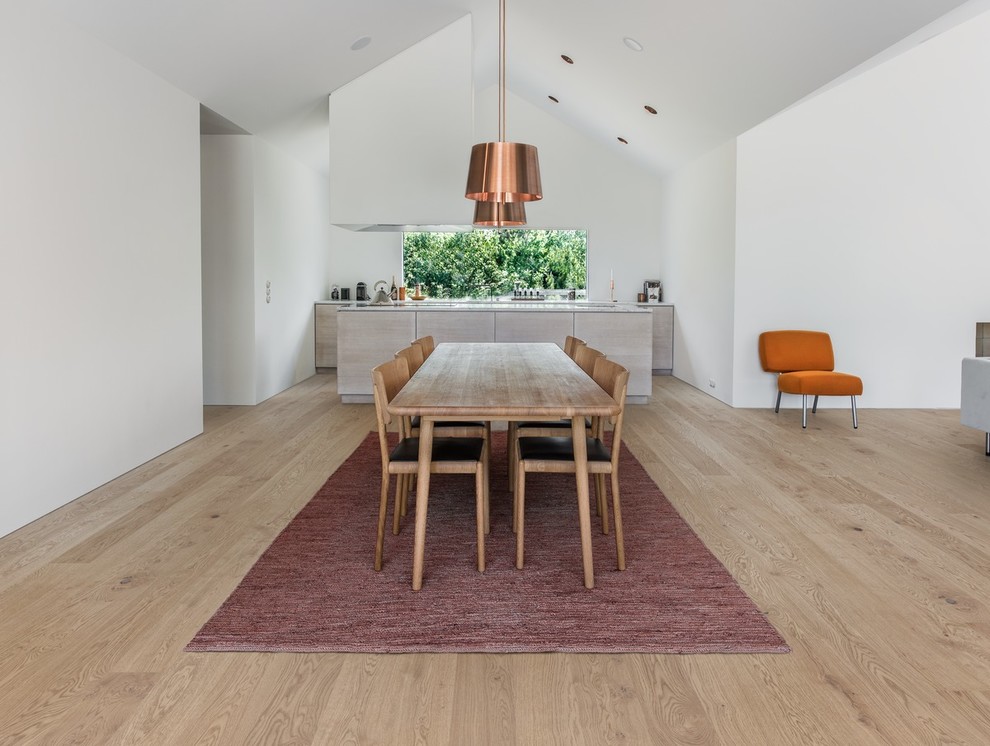 Foto di una sala da pranzo contemporanea di medie dimensioni con pareti bianche, pavimento in legno massello medio, nessun camino e pavimento grigio