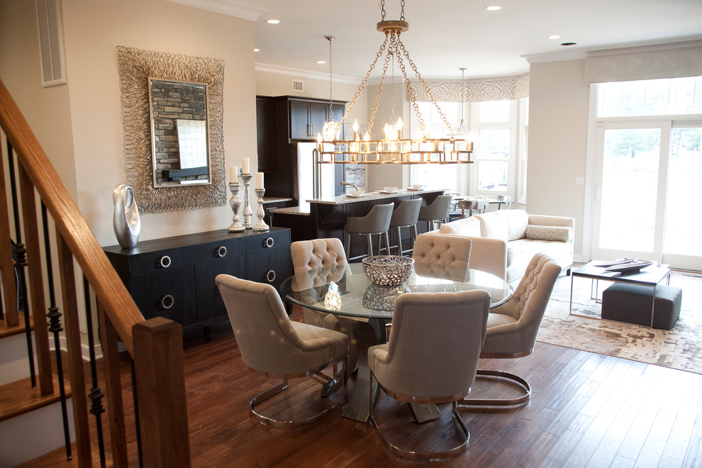 Medium sized contemporary open plan dining room in New York with beige walls, dark hardwood flooring and brown floors.