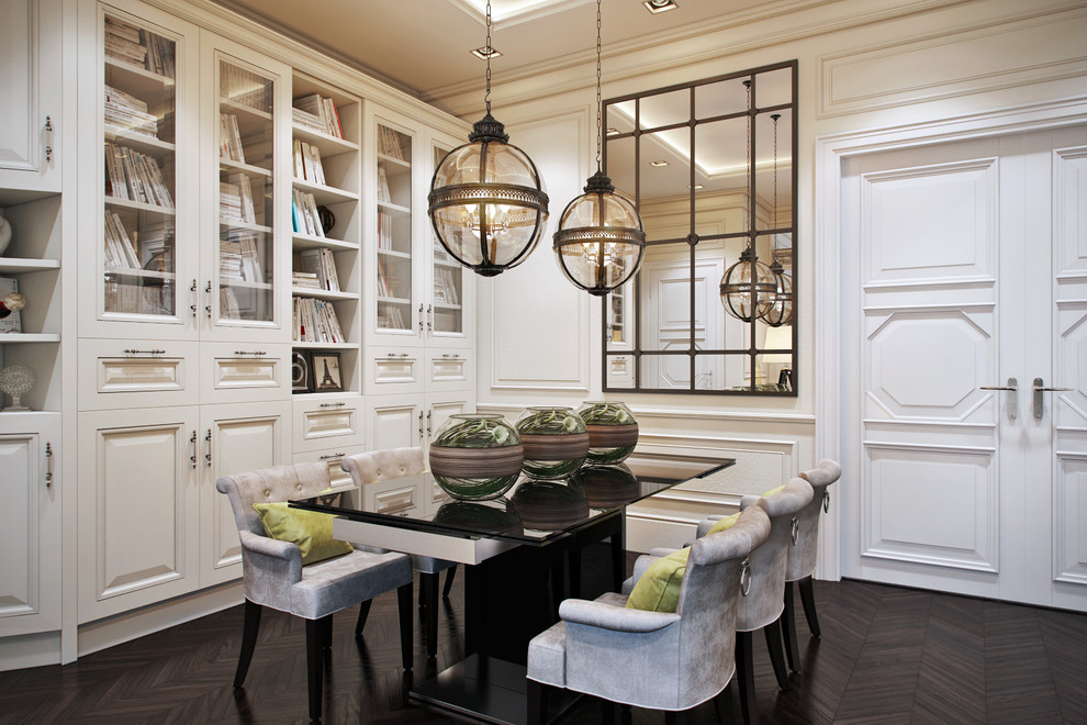 Inspiration for a classic dining room in Other with white walls and dark hardwood flooring.