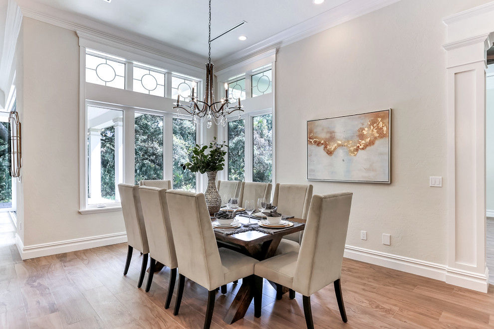 Inspiration for a large classic open plan dining room in Tampa with beige walls, light hardwood flooring, no fireplace and brown floors.
